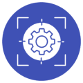 Blue gear icon inside a circular frame.